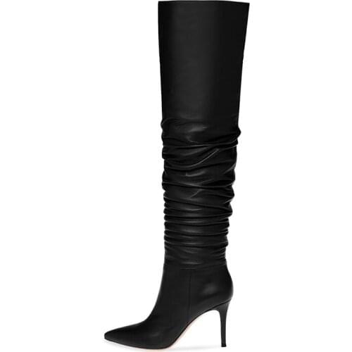 Womens Boots Black Wine Red Sexy Pointed Pleated Ladies Knee High Boots Thin Heels High Heel High Boot Botas Femininas Shoes