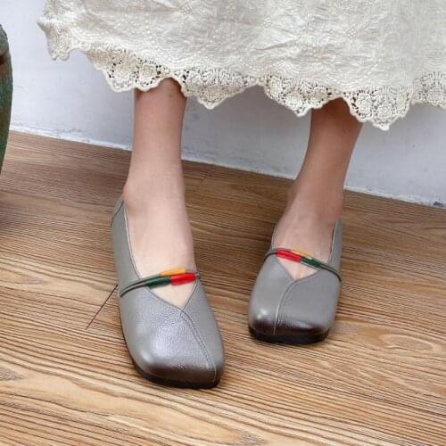 Spring Summer Flats Women Shoes Girls Square Toe Footwear 2021 New Genuine Leather Concise Shallow Handmade Leisure Ladies Shoes