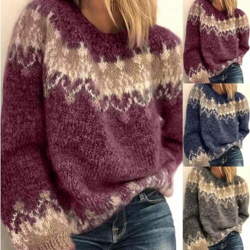 Sweater Long Sleeve Knitted Warm Vintage O Neck Pullover for Women