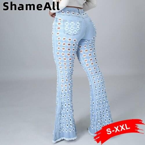 Y2K Street White Blue Hollow Stretchy Flare Jeans Sexy Club Torn Holes Wide Leg Ripped Skinny Super Stretchy Indie Bell Bottoms