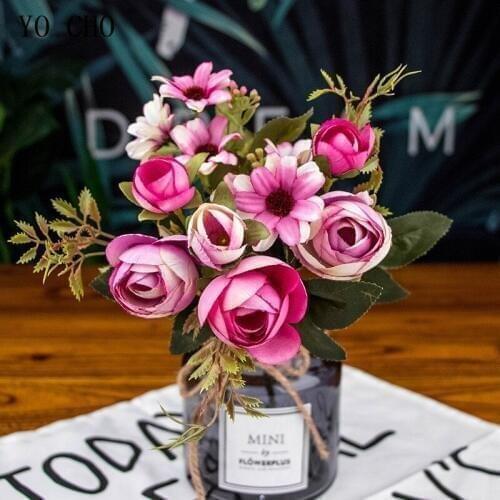 YO CHO Peony Artificial Flower Plant DIY Wedding Home Wall White Flower Decoration Tea Rose Silk Peonies Small Bunch Fake Flower