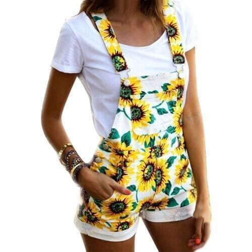 Women Pockets Sunflower Adjustable Strap Jumpsuit Overall Bib Shorts Dungarees