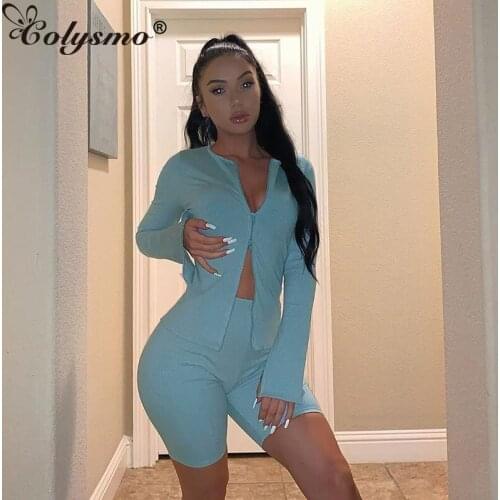 Colysmo Zipped Ribbed Loungewear Women Set Activewear Long Sleeve Biker Shorts Set Black Sports Casual Two Piece Set 2020 New