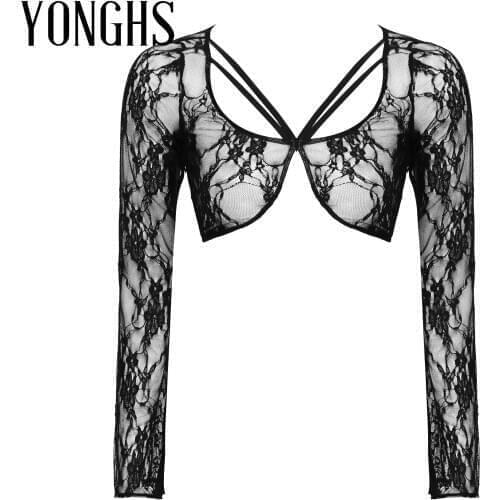 Womens Lingerie See-Through Lace Crop Top Floral Pattern Ladies Stage Performance Costume Dancing Scoop Neck Long Sleeve Tops