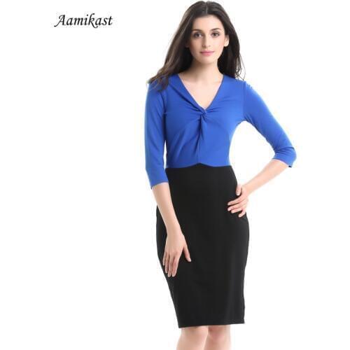 New Fashion Elegant 2019 V-neck Three Quarter Sleeve Patchwork Party Evening Business Wear To Work Women Dresses