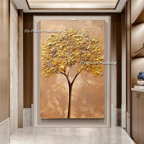 100% Handmade Gold Foil Lucky Tree Knife Oil Painting Large Size Thick Picture Plant Pink Canvas for Room Home Decoration