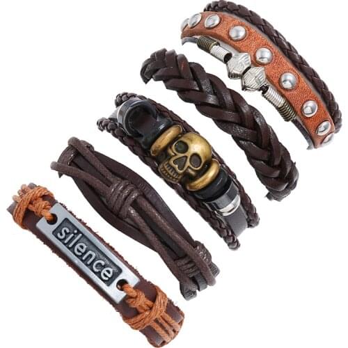 5Pcs/Set New Diy Five-piece Combination Set Bracelet Retro Braided Cowhide Bracelet