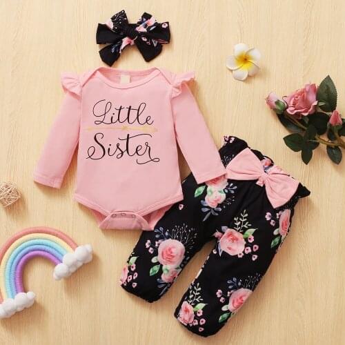 Newborn Baby Girls big sister little sister matching outfit Bodysuit tees Top floral long pant Headband 3Pcs Sets Outfits D30