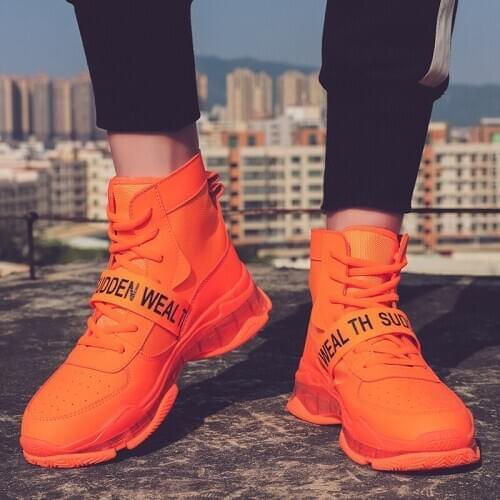 Letter Print Orange Mens Boots Causal Jelly Sole High Top Shoes Men Comfort Breathable Chunky Mesh Men Ankle Boots Botas Hombre