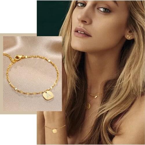 Personalized Letter ID Tag Bracelets for Women, Gold Tone Stainless Steel Chain Link Wrist Jewelry,Custom Gift for Her