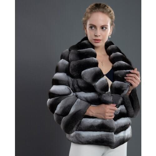 CNEGOVIK Fur Jacket Women Overcoat Chinchilla Color Genuine Rex Rabbit Fur Coat Warm Winter Cropped Fashion Outwear