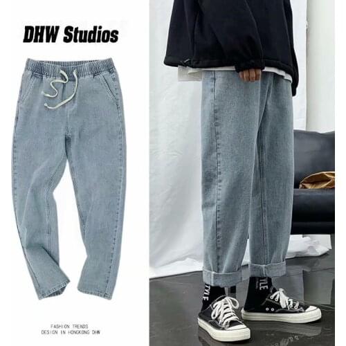 Jeans Men Loose Straight Leg Pants Elastic Waist Teenager Casual Elastic Pants Mouth Kpop Clothes Hip Hop Wide Leg Long Retro