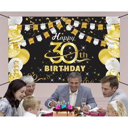 Black Gold 30th 40th 50th 60th Happy Birthday Backdrops Banner Flag Background Photo Booth For Adult Birthday Party Decoration