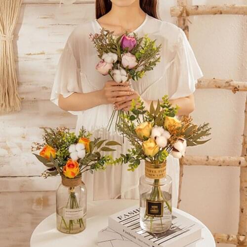 1 Bouquet Rose Artificial Bouquet 5 Flower Head Realistic Faux Silk Flower DIY Party Desktops Ornaments For Home Decoration