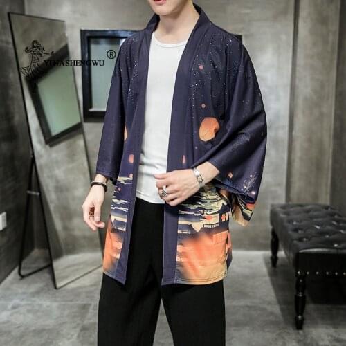 Japanese Kimono Men Yukata Print Kimono Cardigan Men Sun Protection Shirt Beach Thin Casual Coat Asia Kimono Cosplay Costume Top