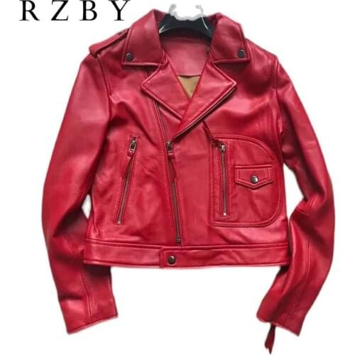 Leather Jacket For Women 100% Real Sheepskin Veste Femme Solid Motocycle кожаная куртка женская Red Fashion Streetwear RZBY636