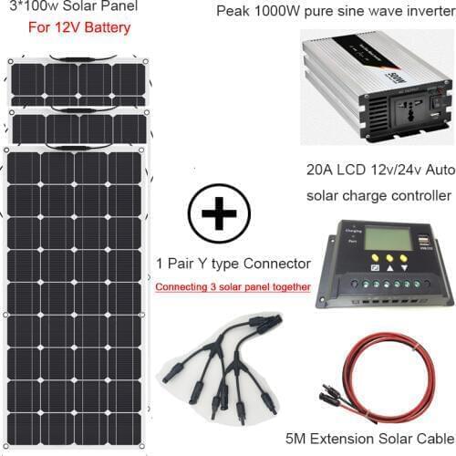 300w DIY kit solar system home 100w solar panel cell module 110v 220v 500w inverter 12v/24v/20A lcd solar controller cable