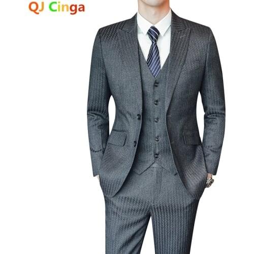 2021 New Grey Stripe Tuxedo Suit 3 Piece Men (Jacket+Pant+Vest) High Quality Business/Wedding/Office Mens Suits мужские костюмы