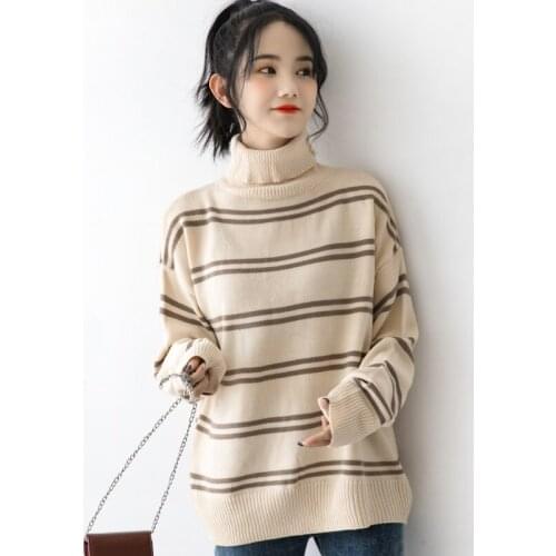 New Clothes Lazy Striped Turtleneck Womens Winter Thick Loose Korean Style Pile Collar Bottoming Sweater