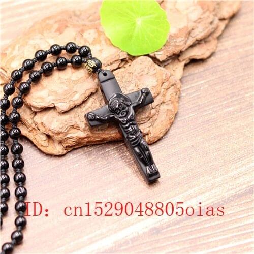 Natural Black Obsidian Cross Pendant Beads Necklace Fashion Charm Jewellery Hand-Carved Lucky Amulet Gifts for Women Men