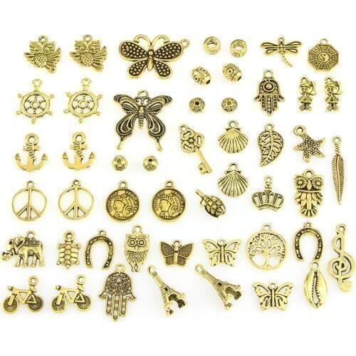 Assorted 50pcs/lot Tower Bike Butterfly Owl Elephant Tree Feather Sparrow Birds Girl Coin Beads Pendant Charms Fitting Accessory