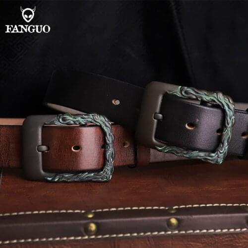 Cow Leather Mens Belt Retro Flower Pin Buckle Male Jeans Western Causal Pants Belt 105-125 cm Length Waist Belt