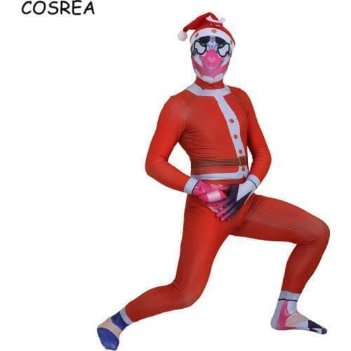 Cosrea Christmas Costume Santa Claus Clothes Christmas Elf Red Hat Clown Siamese Bodysuit Suit Zentai Jumpsuits Adult Kids Gifts