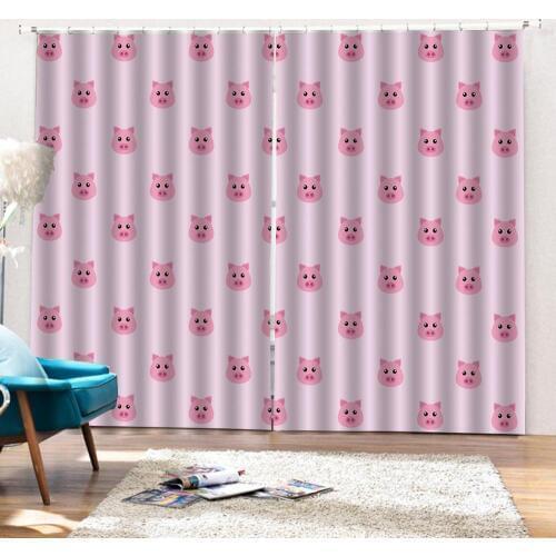 Pink Pig indoor Decor Curtains Kid-Friendly Clip Art Funny Icon Illustration Design Art Print Drapes For Childrens Room