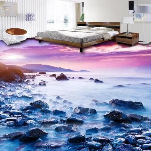 Self-Adhesive Floor Wallpaper 3D Seaside Landscape Stone Tiles Floor Mural Bathroom Kitchen PVC Self-Adhesive Waterproof Sticker