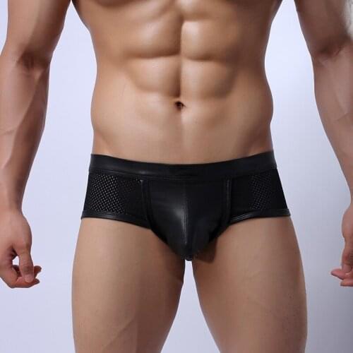 Sexy Fashion Brand Mesh Faux Leather Men Sexy Penis Pouch Mini Boxers Underwear Gay Male See Through Shorts Panties Lingerie