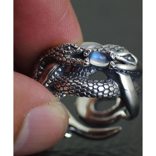BOCAI silver Natural moonstone ring surface the double snake Thai silver ring