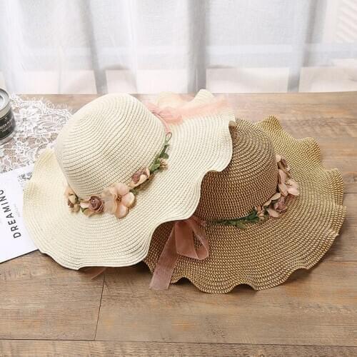 Fashion Big Sunny Sunny Hat Woman Summer Beach Flower Wave Edge Straw Hat Beach Sun Hat