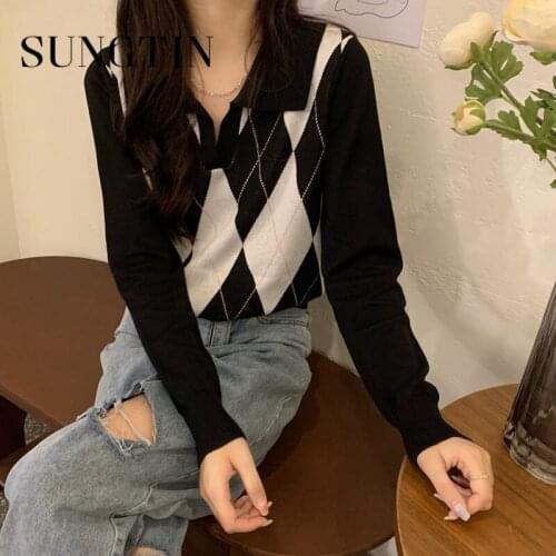 Sungtin 2021 Autumn Vintage Argyle Loose Knitted Sweater Pullover Oversized Fashion Elegant Causal Jumper V Neck Korean Sweaters