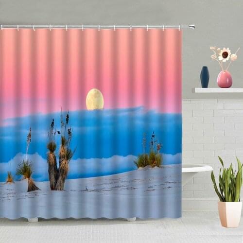 Sunset Natural Scenery Shower Curtain Birds Sea Grass Background Pattern Bathroom Decoration Waterproof Fabric With Hooks Suit