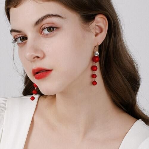 Dara Fashion Long Red Pearl Women Earring 2021 New Arrival