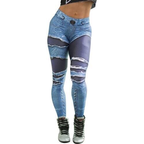 2020 Women Pocket Hole Imitation Denim Hip Athletic Pants Digital Printing Leggings Women Leggins Mujer Plus Size Women Clothing