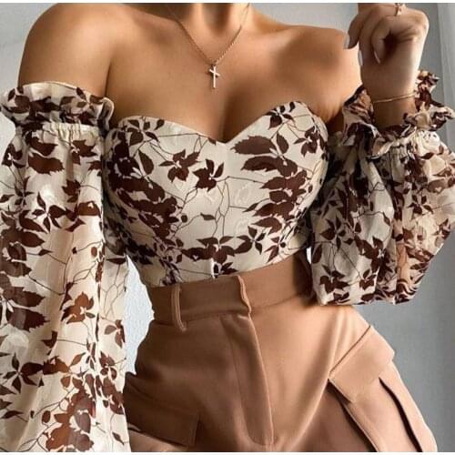 Women Off Shoulder Tops Chic Sexy Frill Long Lantern Sleeve Floral Print Corset T-Shirts Soft / Comfortable Spring Summer S-2XL
