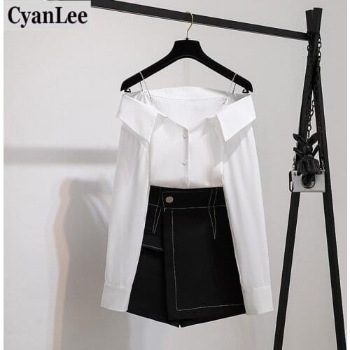 Cyanlee Autumn 2020 Sexy Off Shoulder Long Sleeve Striped Shirt + Misplaced High Waist All-match Culottes Two Piece Ladies Sets