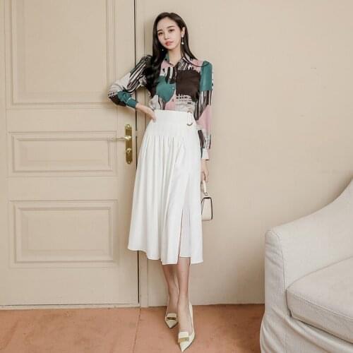 New arrival comfortable temperamental office women sets loose print shirt and long white a-line skirt cute elegant OL women sets