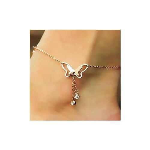 Rose Gold Titanium Steel Chain BUTTERFLY Tassel Women Barefoot Sandals Anklet, 2015 Fashion Foot Chain Jewelry FREE SHIPPING