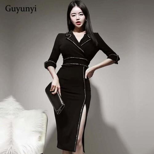 High Waist Tight Dress 2021 Autumn Black Simple Notched Neck Half Sleeves Single Side Slit At Hem Elegant Party Dress Women