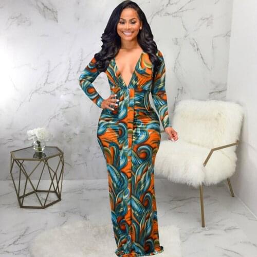 RMSFE 2021 New Elegant Temperament Sexy Fashion Digital Printing Long Sleeve V-neck Women Dress