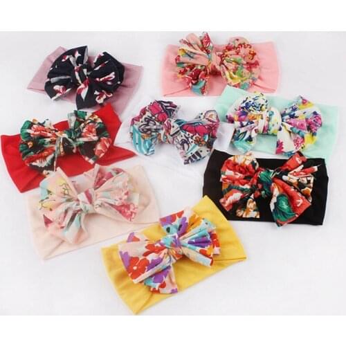1Pc Summer Baby Girl Bohemian Elastic Print Flower Headband Infant Big Knot Bow Hats Bow Swatches Girls Lovely Photo Props