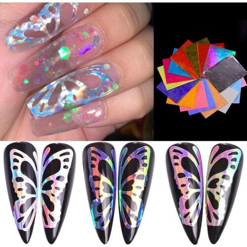 16 Sheets Nail Art Stickers Butterfly Design Laser Effect Holographic Nail Tips Decoration DIY Manicure Decals