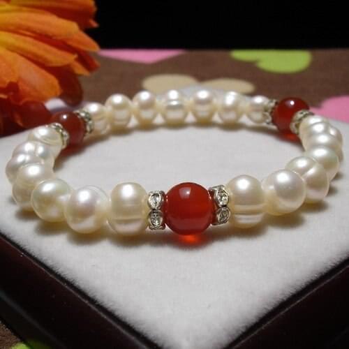 8-9MM Big Size Charm Fresh Water Pearl Bracelet with LUCKY RED Jewerly ELASTIC Bangle Fashion Jewellery, 30pcs/lot