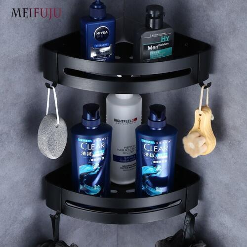 Aluminum Bathroom Shelf Black Single Dual Tier Bathroom Corner Shelf Shower Bathroom Shelves hook Wall Mounted Corner Rack Shelf