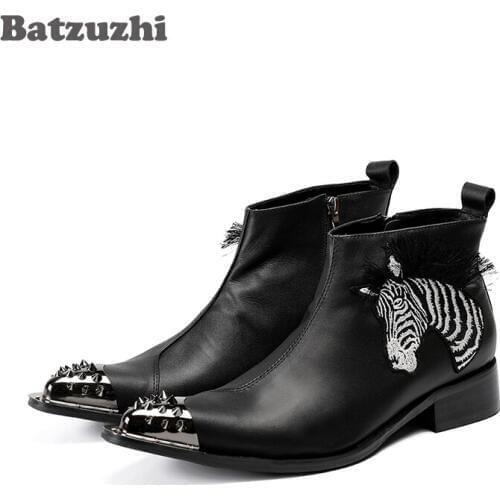Batzuzhi Luxury Botas Hombre Pointed Safety Boots Men Genuine Leather Ankle Boots Black Appliques Party Business botas hombre