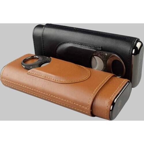 Good Quality LUBINSKI Black/Brown Color Leather Cigar Case Humidor, with Cigar Cutter