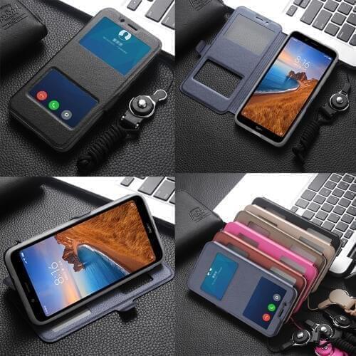 Business Double View Window Flip PU Leather Case For Xiaomi Redmi 7 Pro 7A Mi 8 Lite Mi A2 Lite Redmi 6A 6 Lanyard Buckle Case