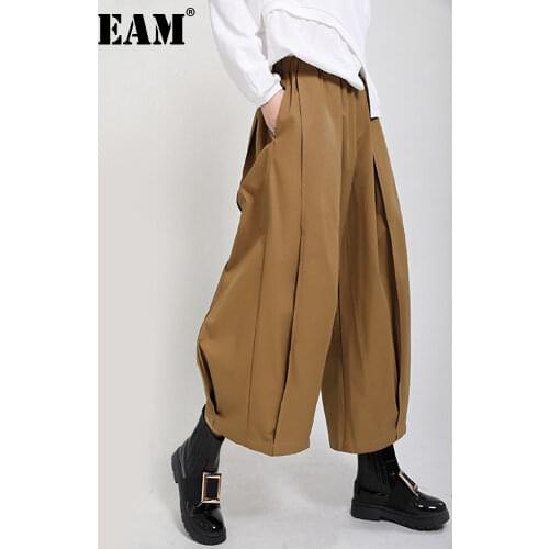 [EAM] High Elastic Waist Draped Long Wide Leg Trousers New Loose Fit Pants Women Fashion Tide Spring Autumn 2021 1DD0404